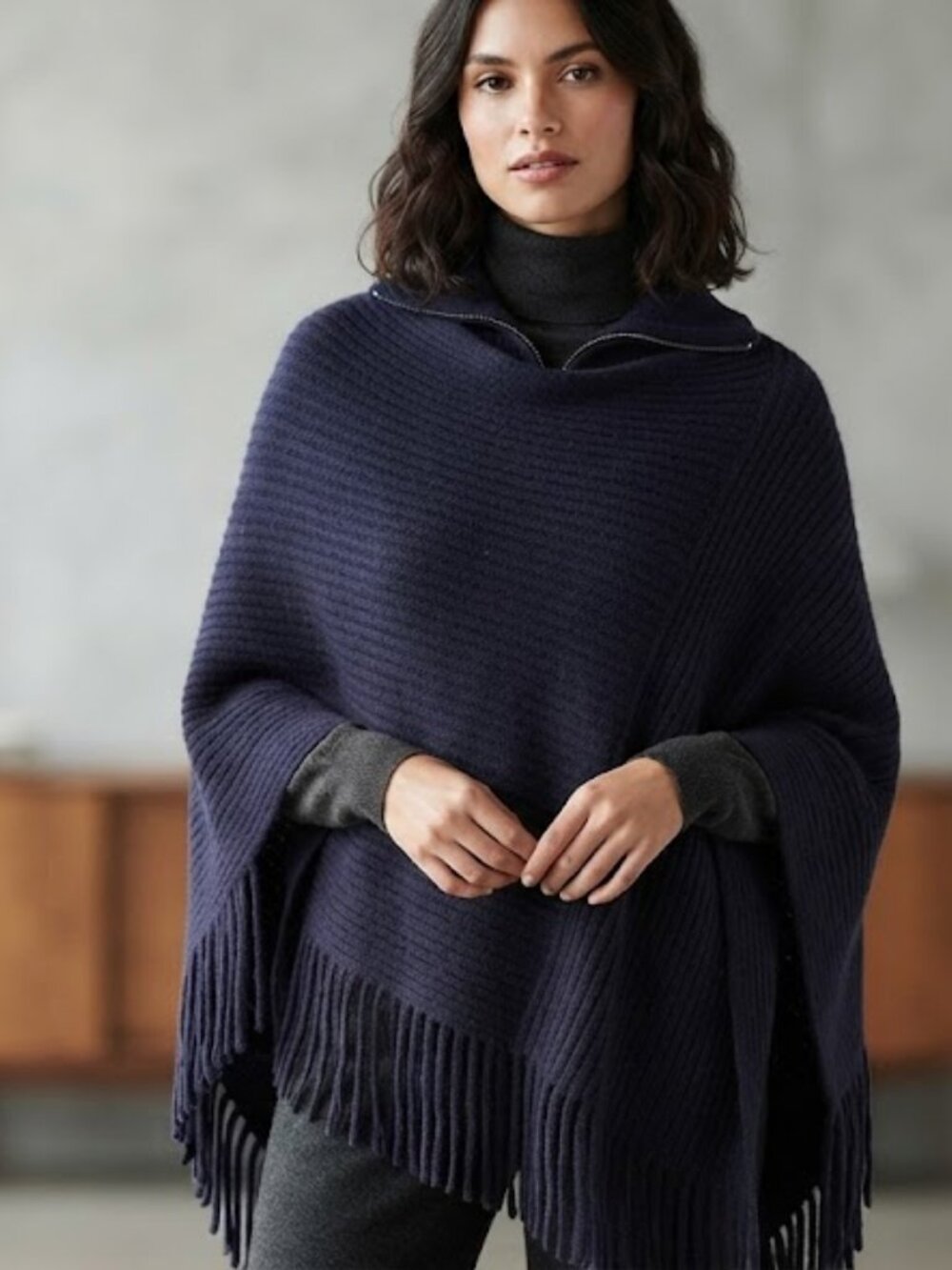 Fringed Rib-Knit Poncho in Dark Navy